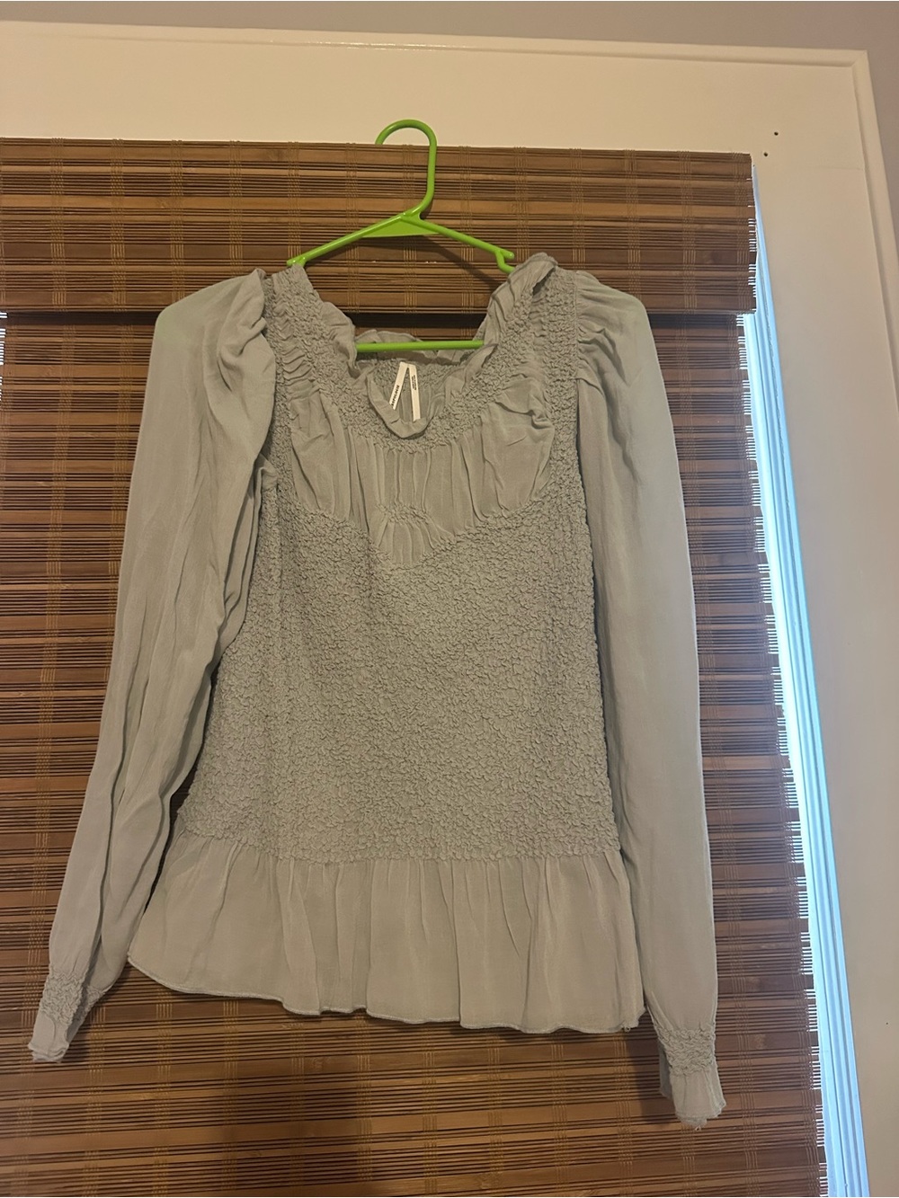 ANTHROPOLOGIE - Light Gray Blue Long-Sleeve Smocked Dressy Top